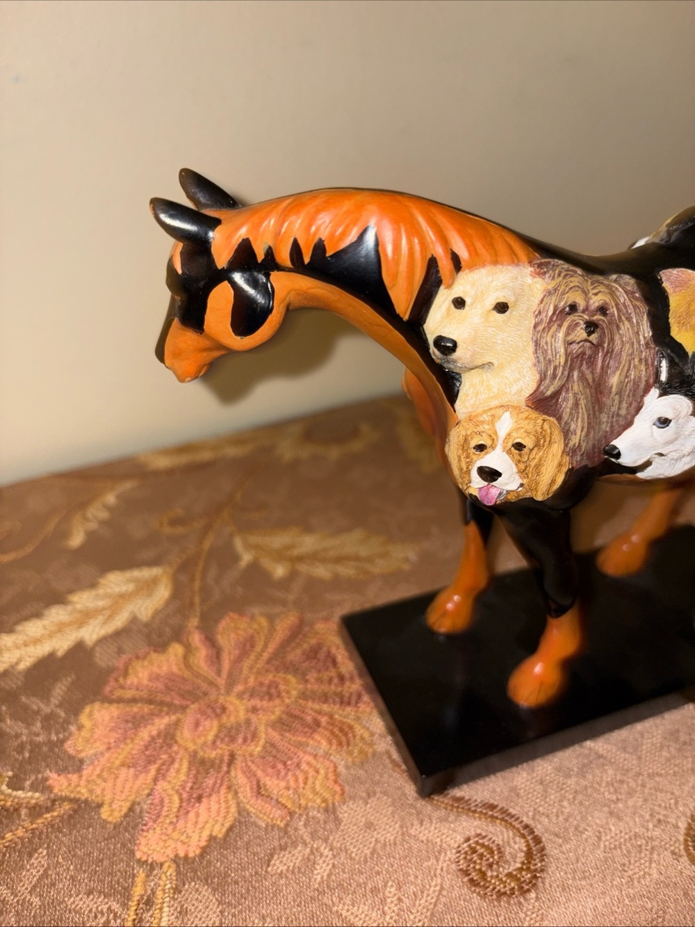 Black and Orange Horse Sculpture Featuring Dog Portraits - Picture 3 of 4